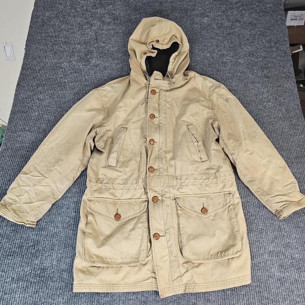 Vintage J. Peterman Co Parka Jacket Mens Medium Beige Hooded Canvas 90s